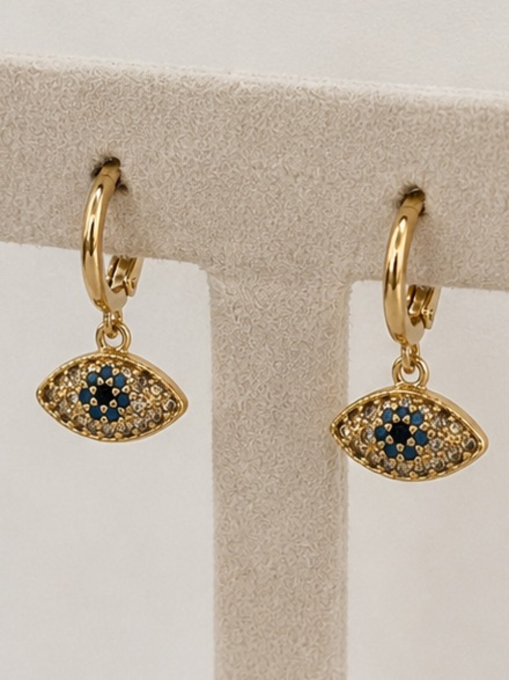 Gold Evil Eye Dangle Hoop Earrings Blue Crystal Pave